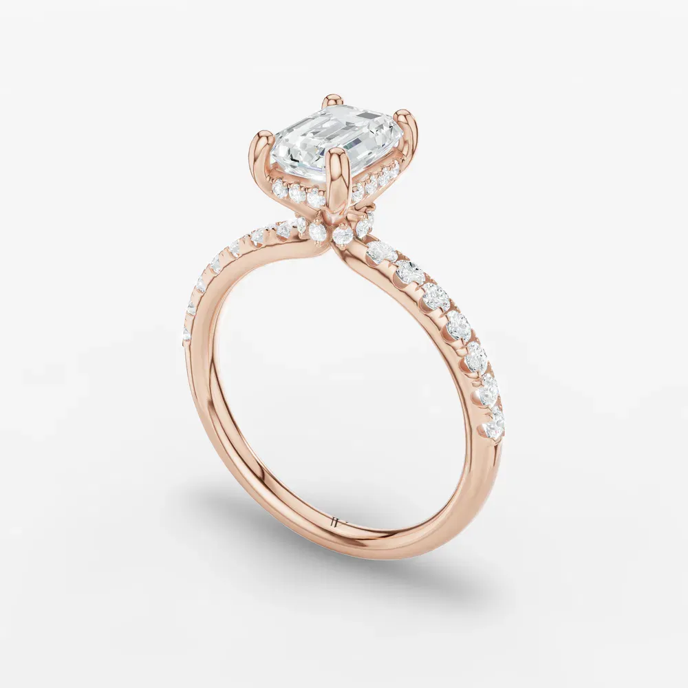 Certified 1 carat Lab Grown Diamond Emerald Cut Pavé, Hidden Halo Engagement Ring in 14K Rose Gold-Decna