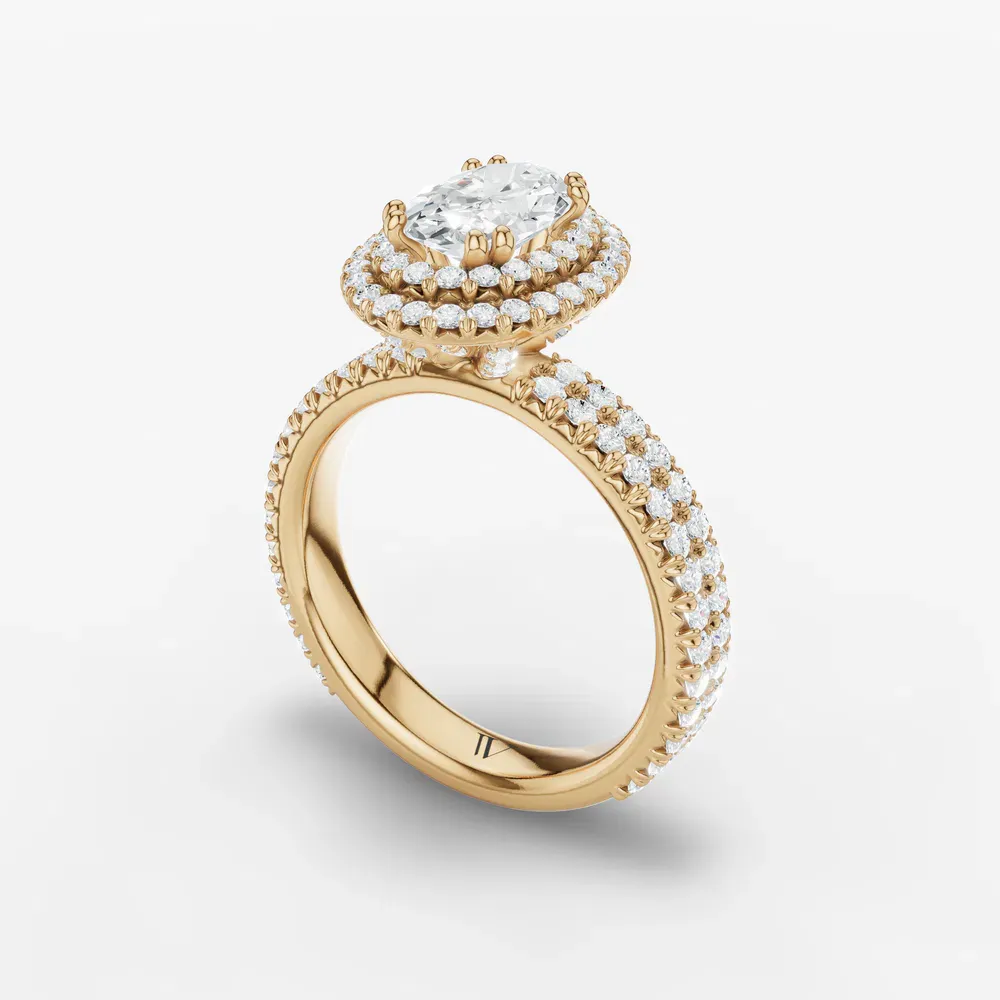 Certified 1 carat Lab Grown Diamond Oval Cut Pavé, Halo, Hidden Halo Engagement Ring in 14K Yellow Gold-Caela