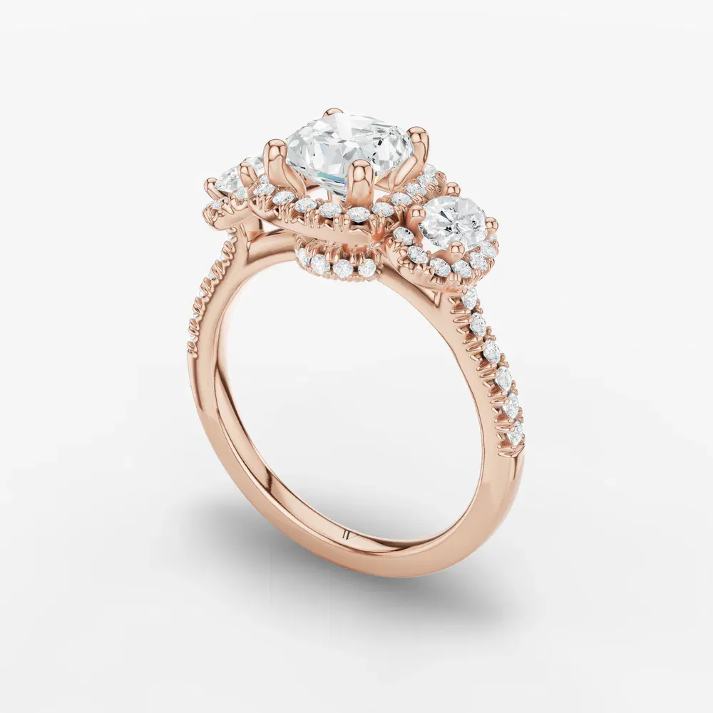 Certified 1 carat Lab Grown Diamond Cushion Cut Pavé, Three Stone, Halo Engagement Ring in 14K Rose Gold-Norell