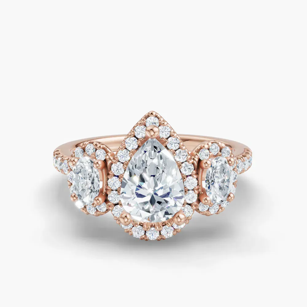 Certified 1 carat Lab Grown Diamond Pear Cut Pavé, Three Stone, Halo Engagement Ring in 14K Rose Gold-Norell