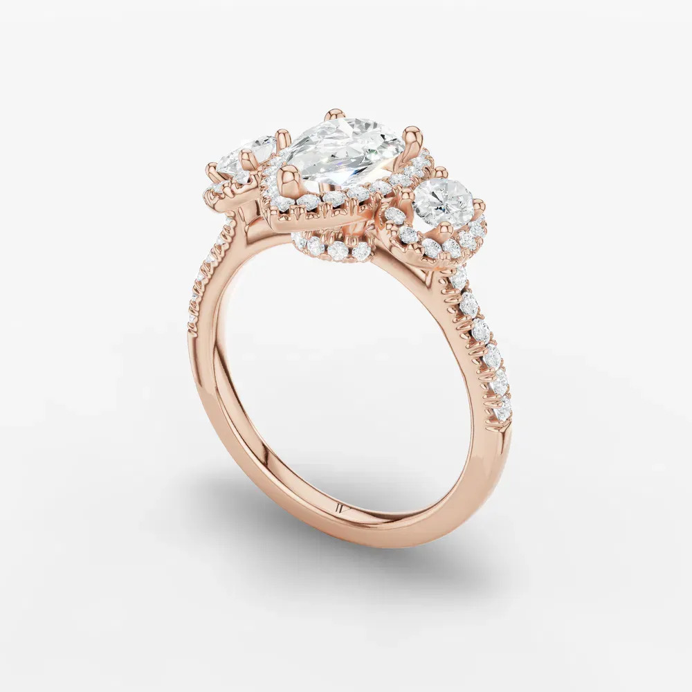 Certified 1 carat Lab Grown Diamond Pear Cut Pavé, Three Stone, Halo Engagement Ring in 14K Rose Gold-Norell