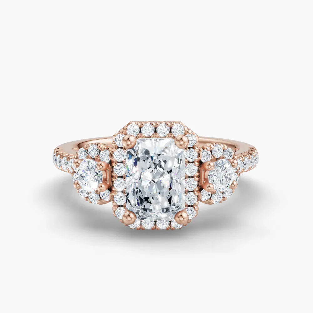 Certified 1 carat Lab Grown Diamond Radiant Cut Three Stone, Halo, Hidden Halo Engagement Ring in 14K Rose Gold-Hylor
