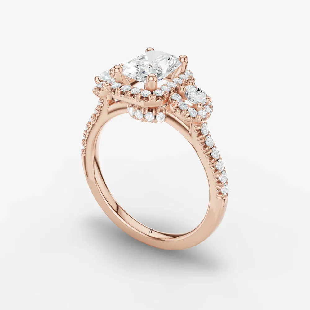 Certified 1 carat Lab Grown Diamond Radiant Cut Three Stone, Halo, Hidden Halo Engagement Ring in 14K Rose Gold-Hylor