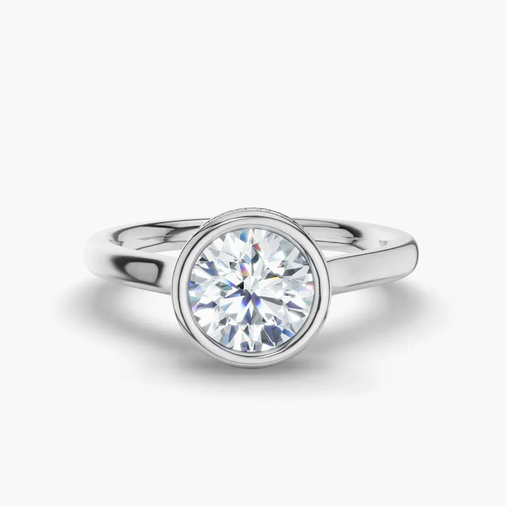 Certified 1 carat Lab Grown Diamond Round Cut Bezel, Solitaire, Hidden Halo Engagement Ring in 14K White Gold-Nival