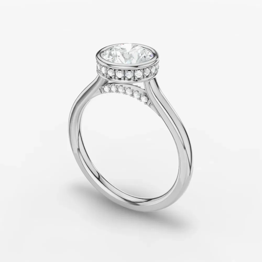 Certified 1 carat Lab Grown Diamond Round Cut Bezel, Solitaire, Hidden Halo Engagement Ring in 14K White Gold-Nival