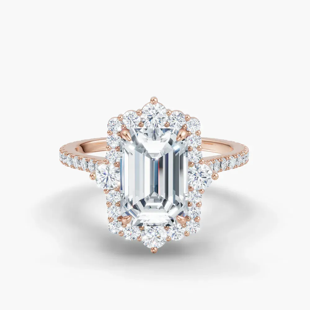 Certified 2 carat Lab Grown Diamond Emerald Cut Hidden Halo, Halo, Cathedral Engagement Ring in 14K Rose Gold-Cylen