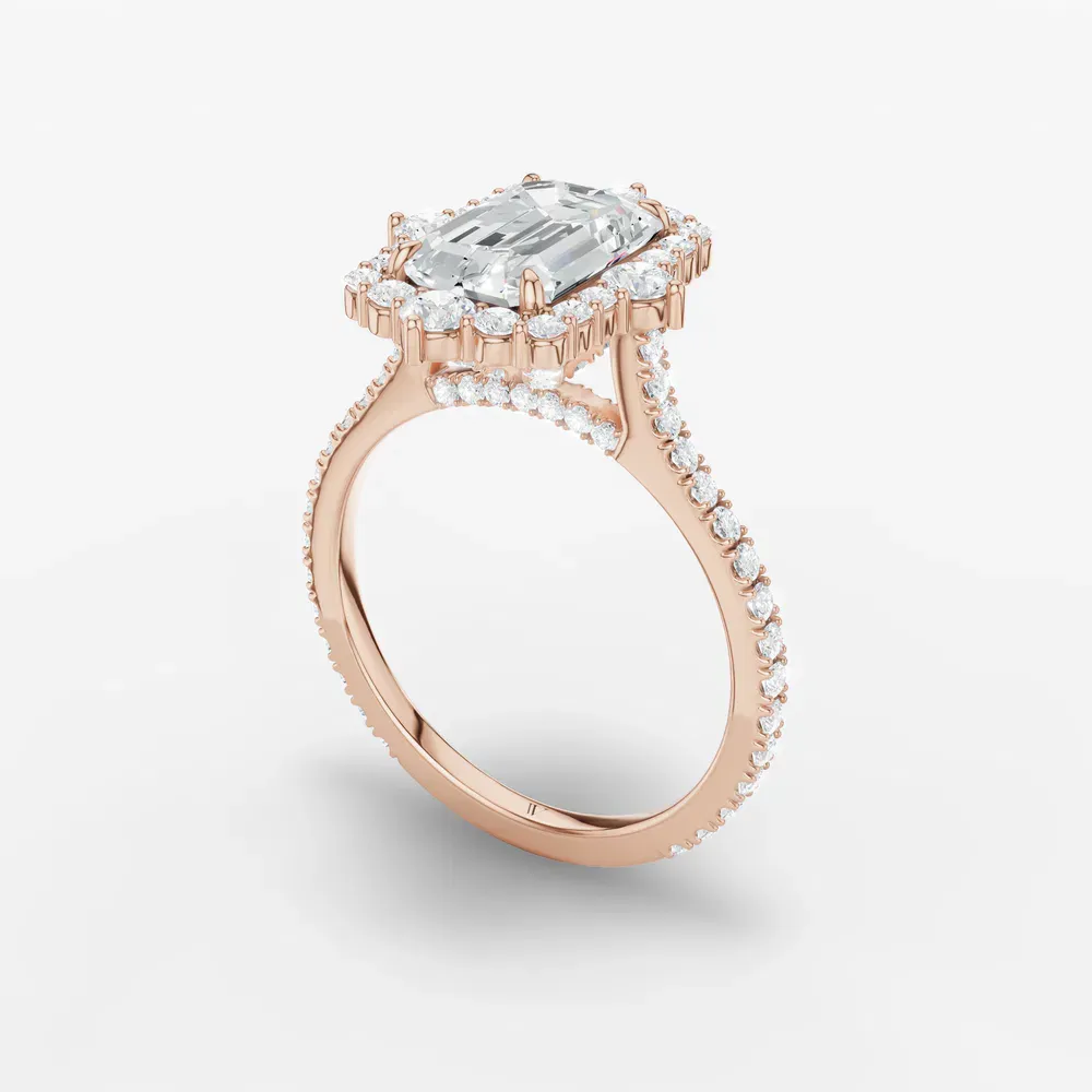 Certified 2 carat Lab Grown Diamond Emerald Cut Hidden Halo, Halo, Cathedral Engagement Ring in 14K Rose Gold-Cylen