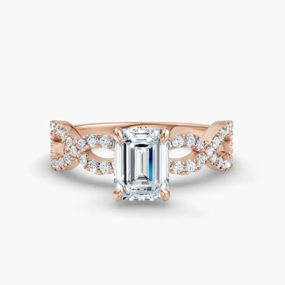 Certified 1 carat Lab Grown Diamond Emerald Cut Infinity, Twist, Pavé Engagement Ring in 14K Rose Gold-Aurelia