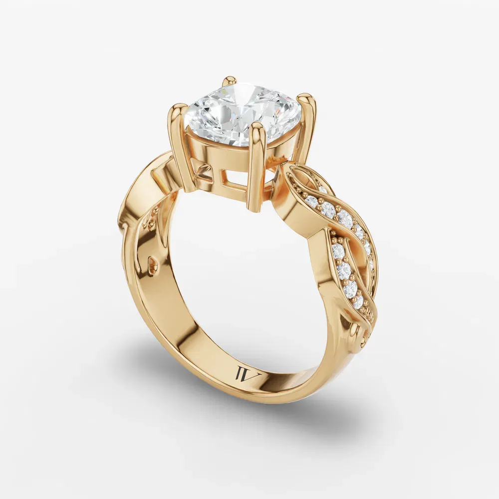 Certified 2 carat Lab Grown Diamond Cushion Cut Infinity, Split Shank, Twist Engagement Ring in 14K Yellow Gold-Pexin