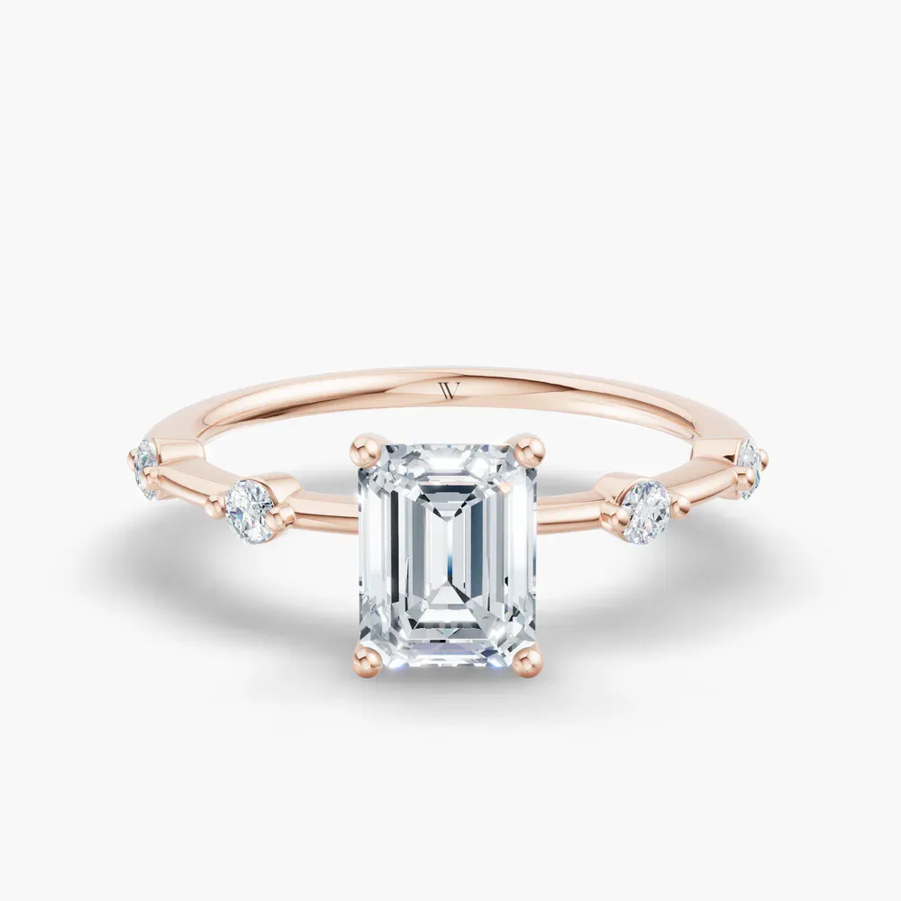 Certified 1 carat Lab Grown Diamond Emerald Cut Low profile, Side Stone Engagement Ring in 14K Rose Gold-Hriw