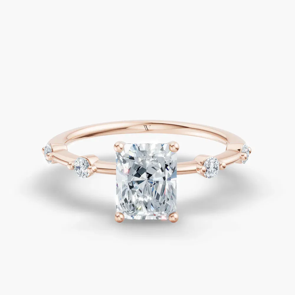Certified 1 carat Lab Grown Diamond Radiant Cut Low profile, Side Stone Engagement Ring in 14K Rose Gold-Hriw
