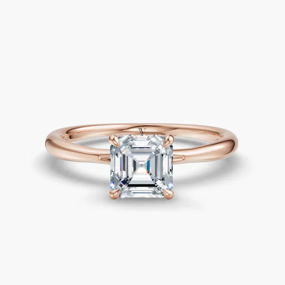 Certified 1 carat Lab Grown Diamond Asscher Cut Hidden Halo, Solitaire, Low profile Engagement Ring in 14K Rose Gold-Anomis
