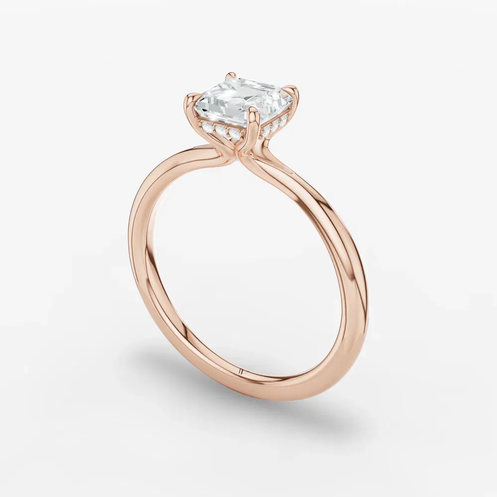 Certified 1 carat Lab Grown Diamond Asscher Cut Hidden Halo, Solitaire, Low profile Engagement Ring in 14K Rose Gold-Anomis