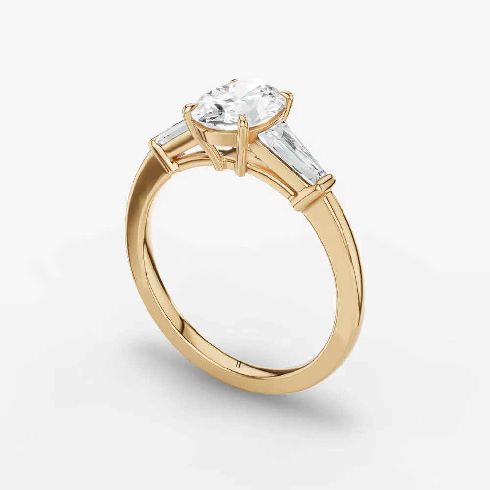 Certified 1 carat Lab Grown Diamond Oval Cut Three Stone, Baguette, Cathedral Engagement Ring in 14K Yellow Gold-Glyss