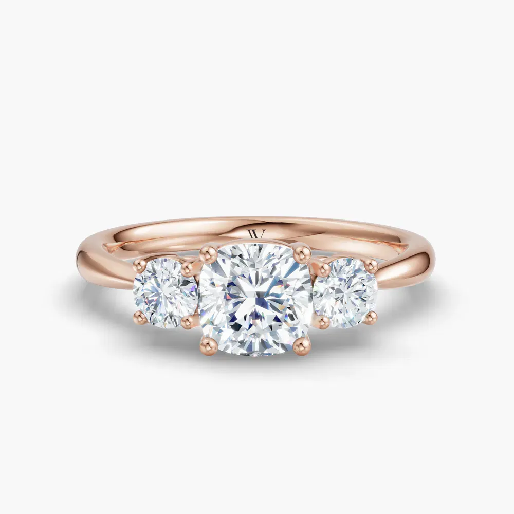 Certified 1 carat Lab Grown Diamond Cushion Cut Three Stone, Side Stone, Low profile Engagement Ring in 14K Rose Gold-Dhyra
