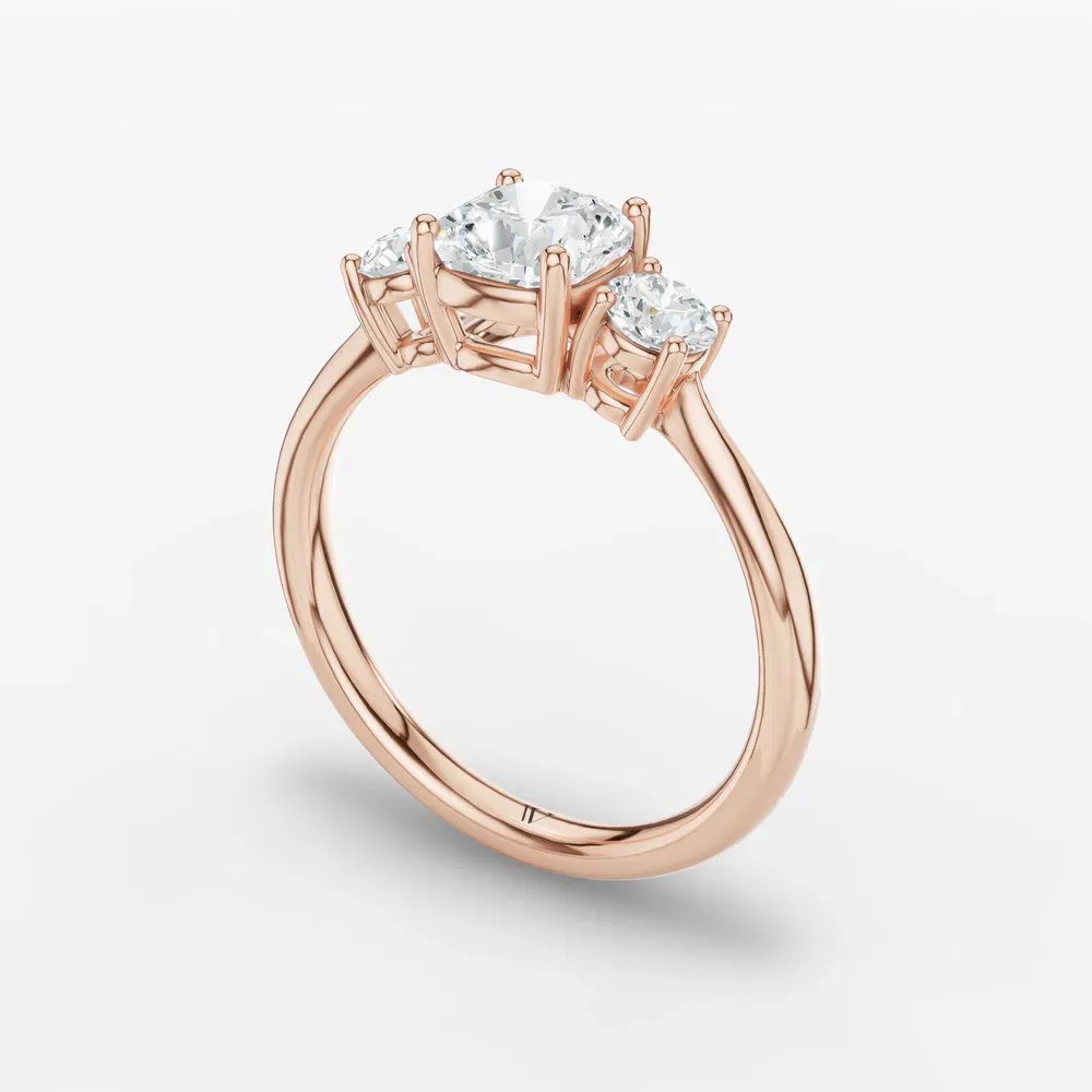 Certified 1 carat Lab Grown Diamond Cushion Cut Three Stone, Side Stone, Low profile Engagement Ring in 14K Rose Gold-Dhyra
