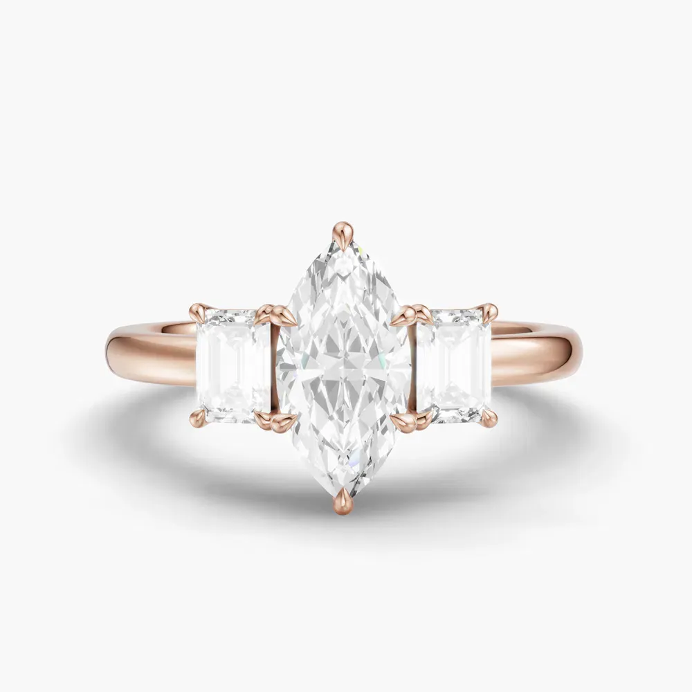 Certified 1 carat Lab Grown Diamond Marquise Cut Three Stone, Side Stone, Low profile Engagement Ring in 14K Rose Gold-Nectarl