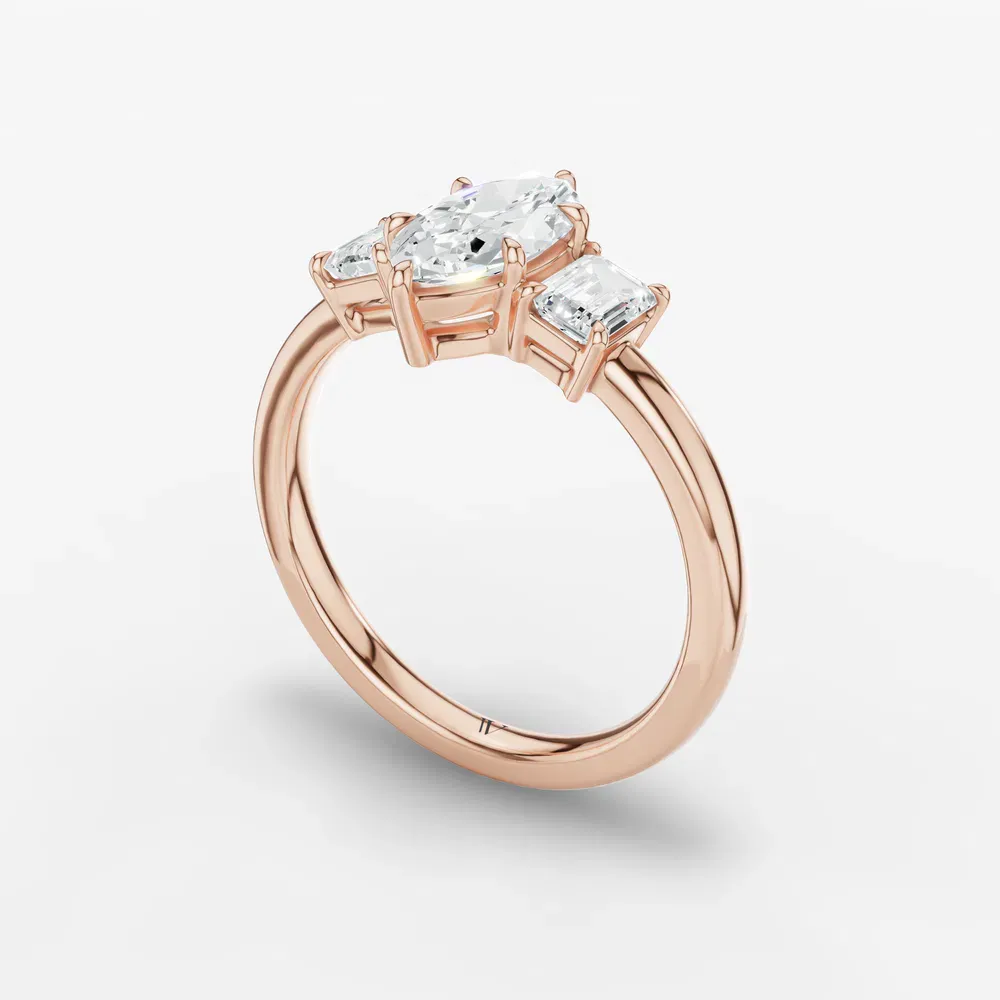 Certified 1 carat Lab Grown Diamond Marquise Cut Three Stone, Side Stone, Low profile Engagement Ring in 14K Rose Gold-Nectarl