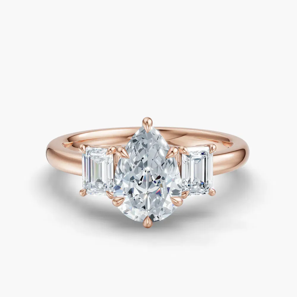 Certified 1 carat Lab Grown Diamond Pear Cut Three Stone, Side Stone, Low profile Engagement Ring in 14K Rose Gold-Nectarl