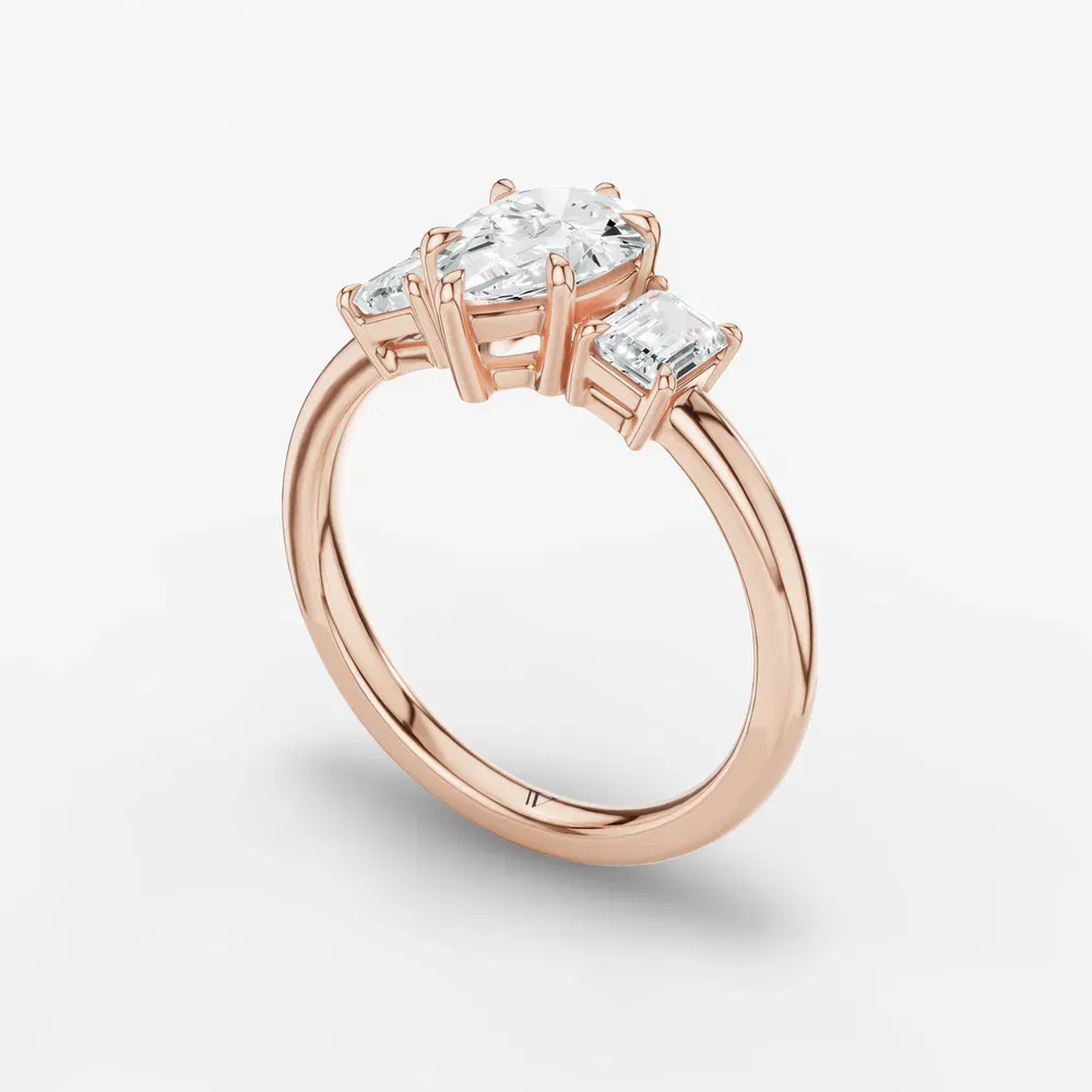 Certified 1 carat Lab Grown Diamond Pear Cut Three Stone, Side Stone, Low profile Engagement Ring in 14K Rose Gold-Nectarl