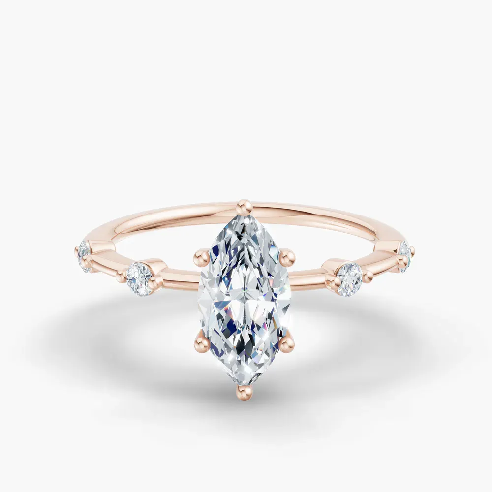 Certified 1 carat Lab Grown Diamond Marquise Cut Low profile, Side Stone Engagement Ring in 14K Rose Gold-Hriw