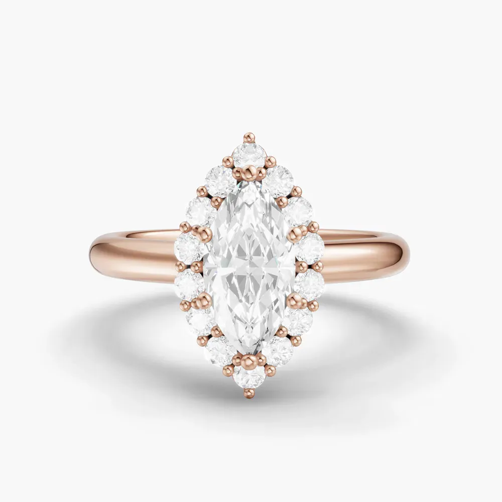 Certified 1 carat Lab Grown Diamond Marquise Cut Cathedral, Halo, Floral Engagement Ring in 14K Rose Gold-Arwen