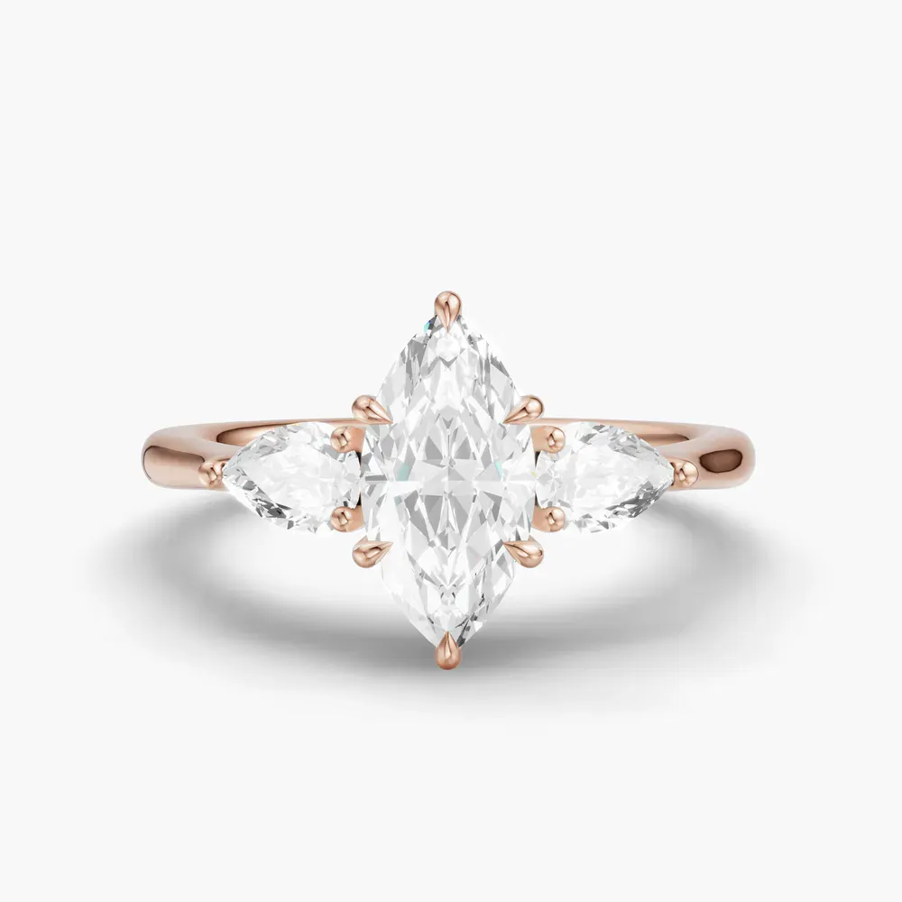 Certified 1 carat Lab Grown Diamond Marquise Cut Three Stone, Side Stone, Low profile Engagement Ring in 14K Rose Gold-Hailu