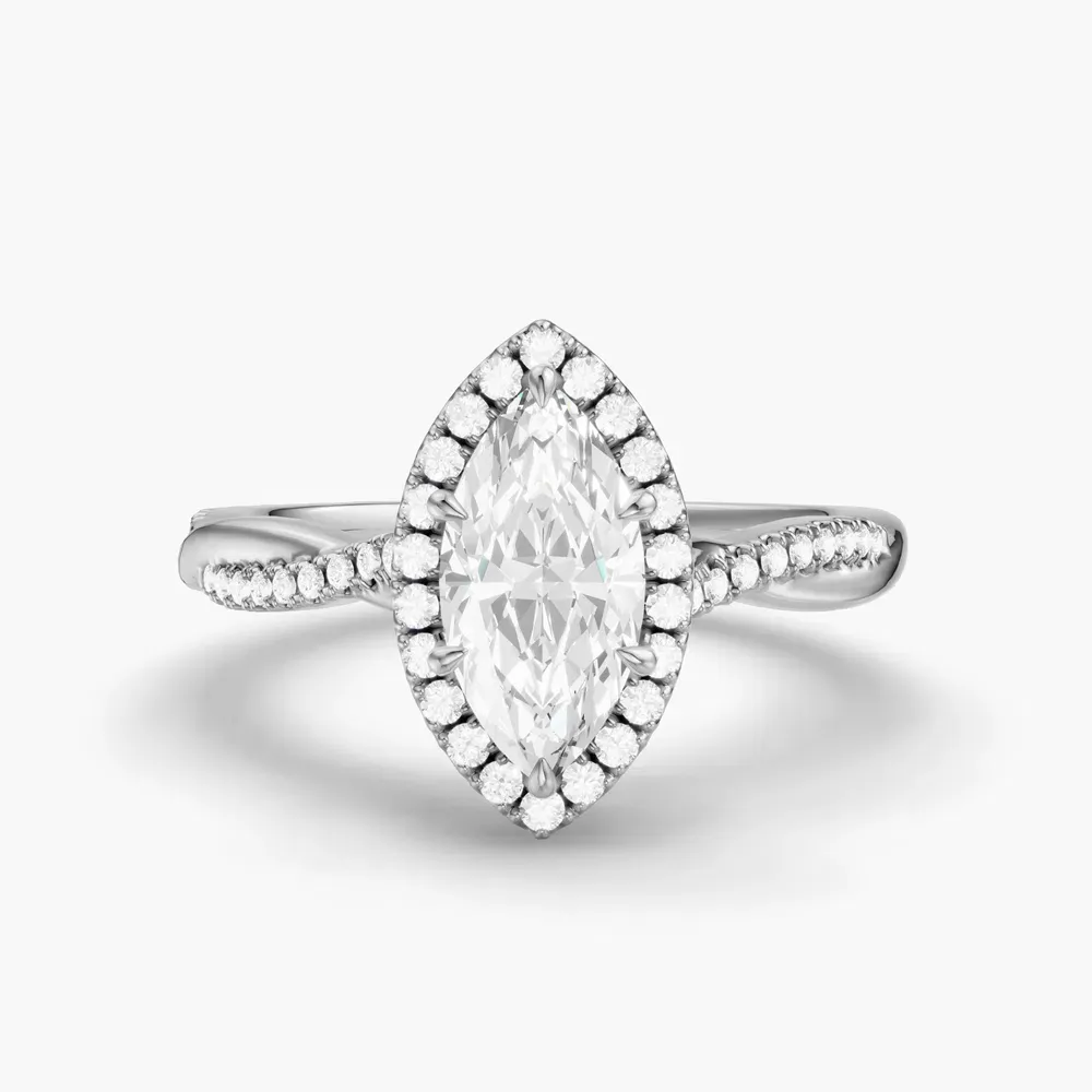 Certified 1 carat Lab Grown Diamond Marquise Cut Twist, Cathedral, Pavé Engagement Ring in 14K White Gold-Itic