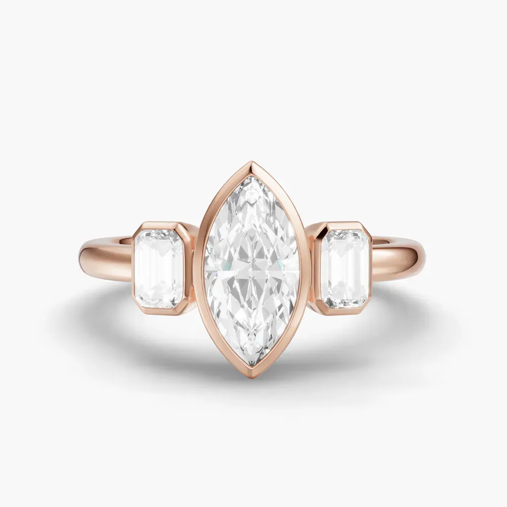 Certified 1 carat Lab Grown Diamond Marquise Cut Three Stone, Bezel, Low profile Engagement Ring in 14K Rose Gold-Elix