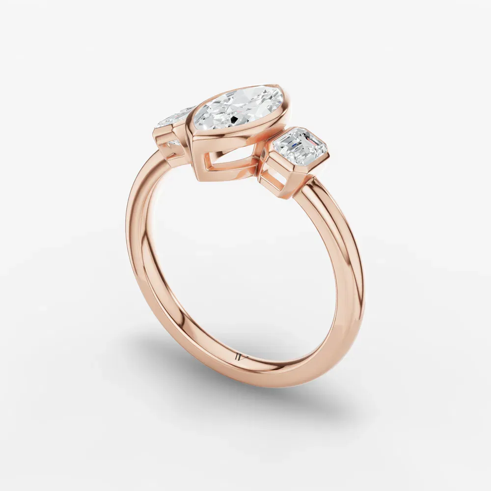 Certified 1 carat Lab Grown Diamond Marquise Cut Three Stone, Bezel, Low profile Engagement Ring in 14K Rose Gold-Elix