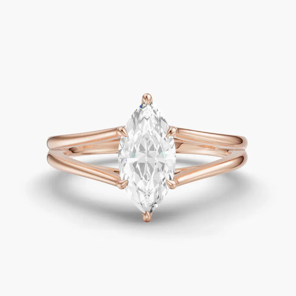 Certified 1 carat Lab Grown Diamond Marquise Cut Split Shank, Solitaire, Low profile Engagement Ring in 14K Rose Gold-Wraith
