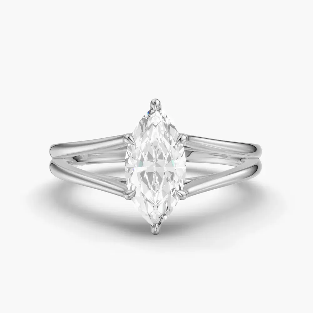 Certified 1 carat Lab Grown Diamond Marquise Cut Split Shank, Solitaire, Low profile Engagement Ring in 14K White Gold-Wraith