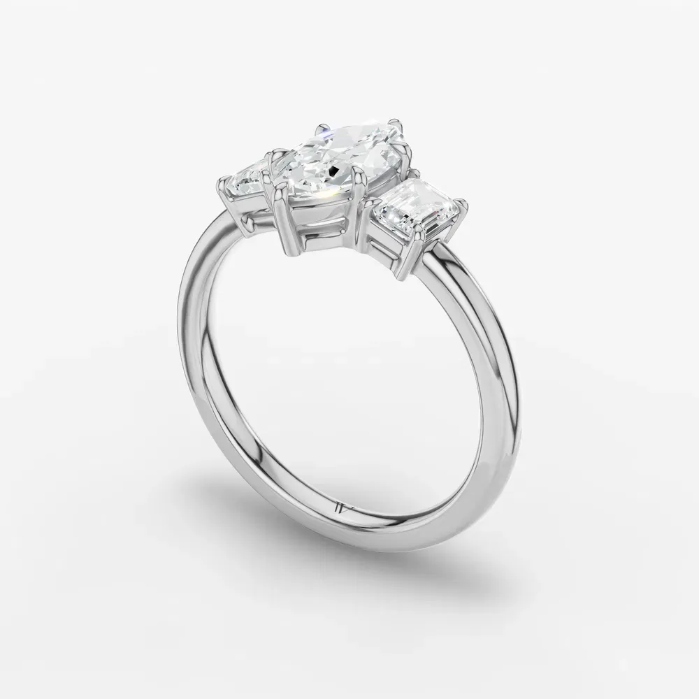 Certified 1 carat Lab Grown Diamond Marquise Cut Three Stone, Side Stone, Low profile Engagement Ring in 14K White Gold-Nectarl