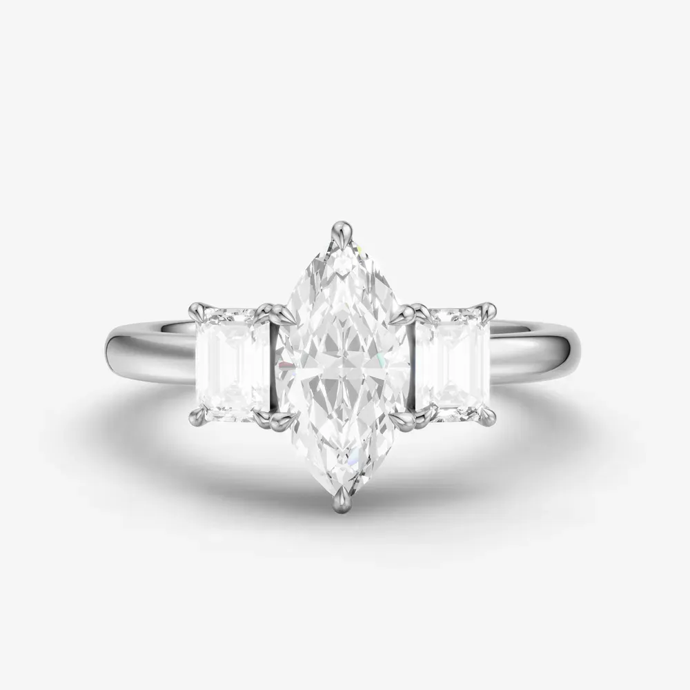 Certified 1 carat Lab Grown Diamond Marquise Cut Three Stone, Side Stone, Low profile Engagement Ring in 14K White Gold-Nectarl