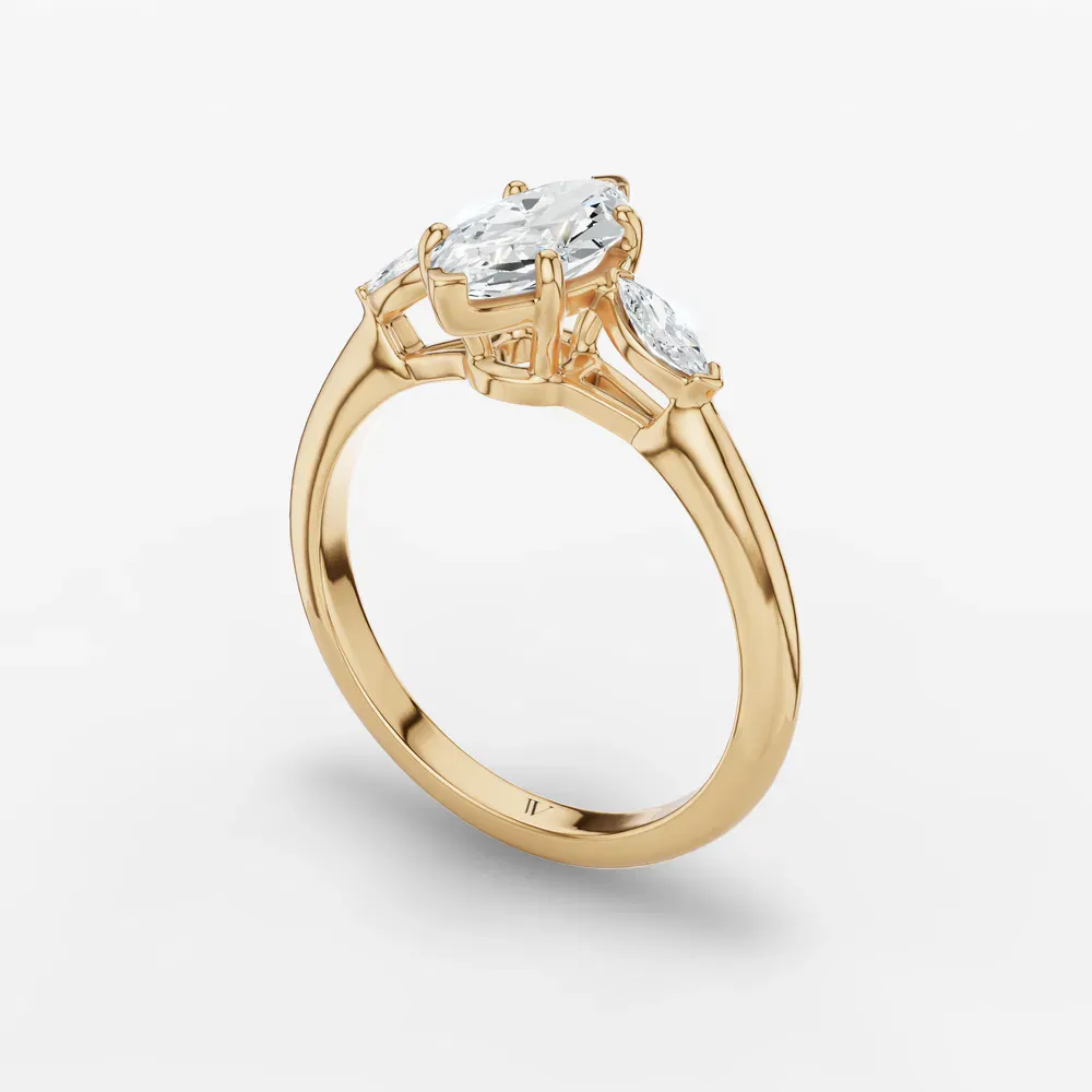 Certified 1 carat Lab Grown Diamond Marquise Cut Three Stone, Side Stone Engagement Ring in 14K Yellow Gold-Glow