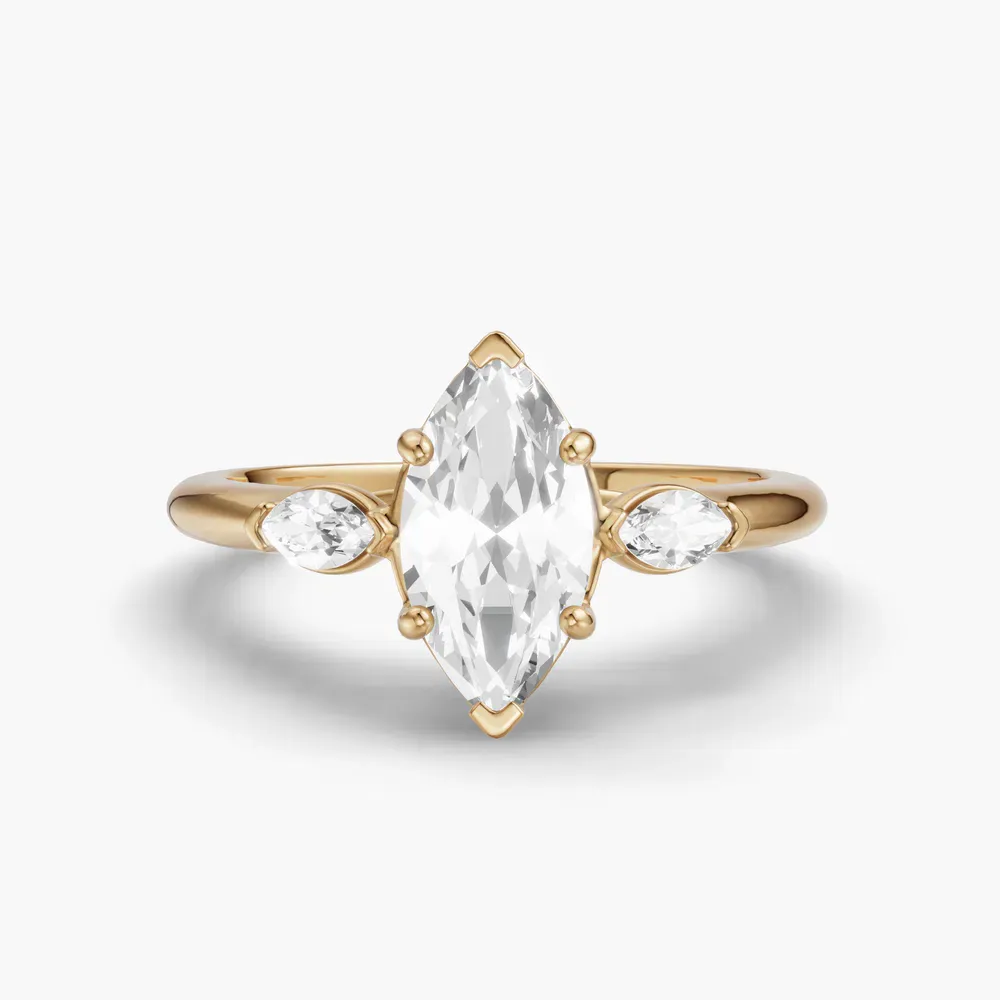Certified 1 carat Lab Grown Diamond Marquise Cut Three Stone, Side Stone Engagement Ring in 14K Yellow Gold-Glow
