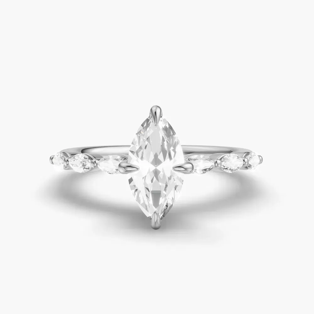 Certified 1 carat Lab Grown Diamond Marquise Cut Side Stone Engagement Ring in 14K White Gold-Garo