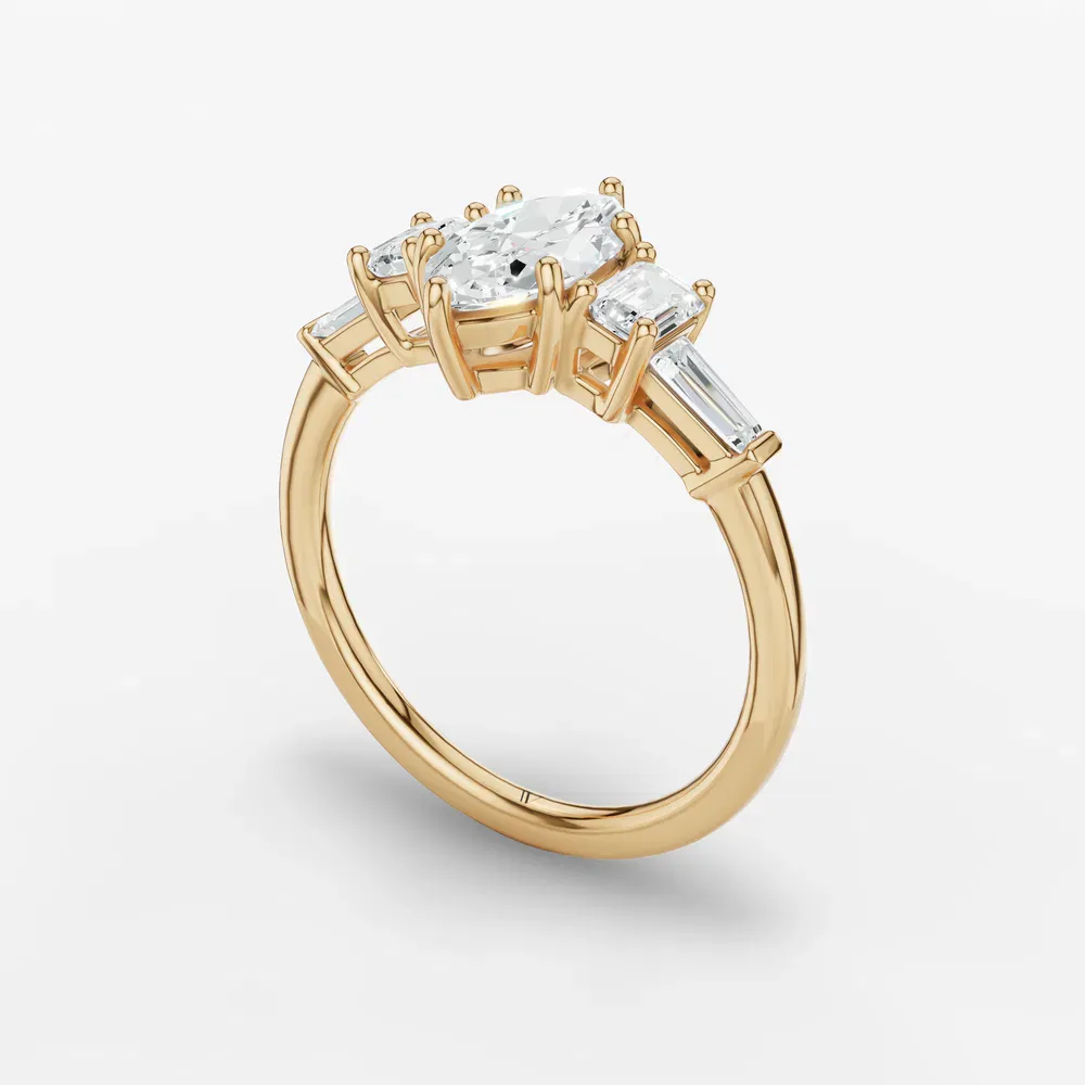 Certified 1 carat Lab Grown Diamond Marquise Cut Five Stone, Baguette, Art Deco Engagement Ring in 14K Yellow Gold-Olume