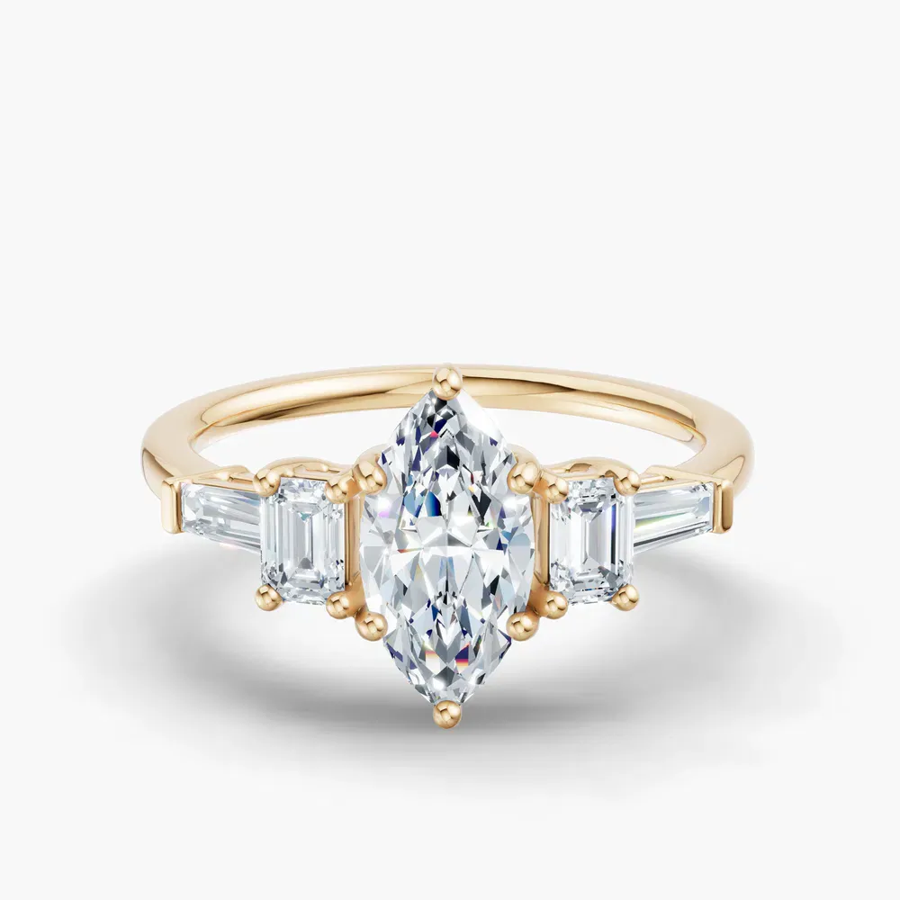 Certified 1 carat Lab Grown Diamond Marquise Cut Five Stone, Baguette, Art Deco Engagement Ring in 14K Yellow Gold-Olume