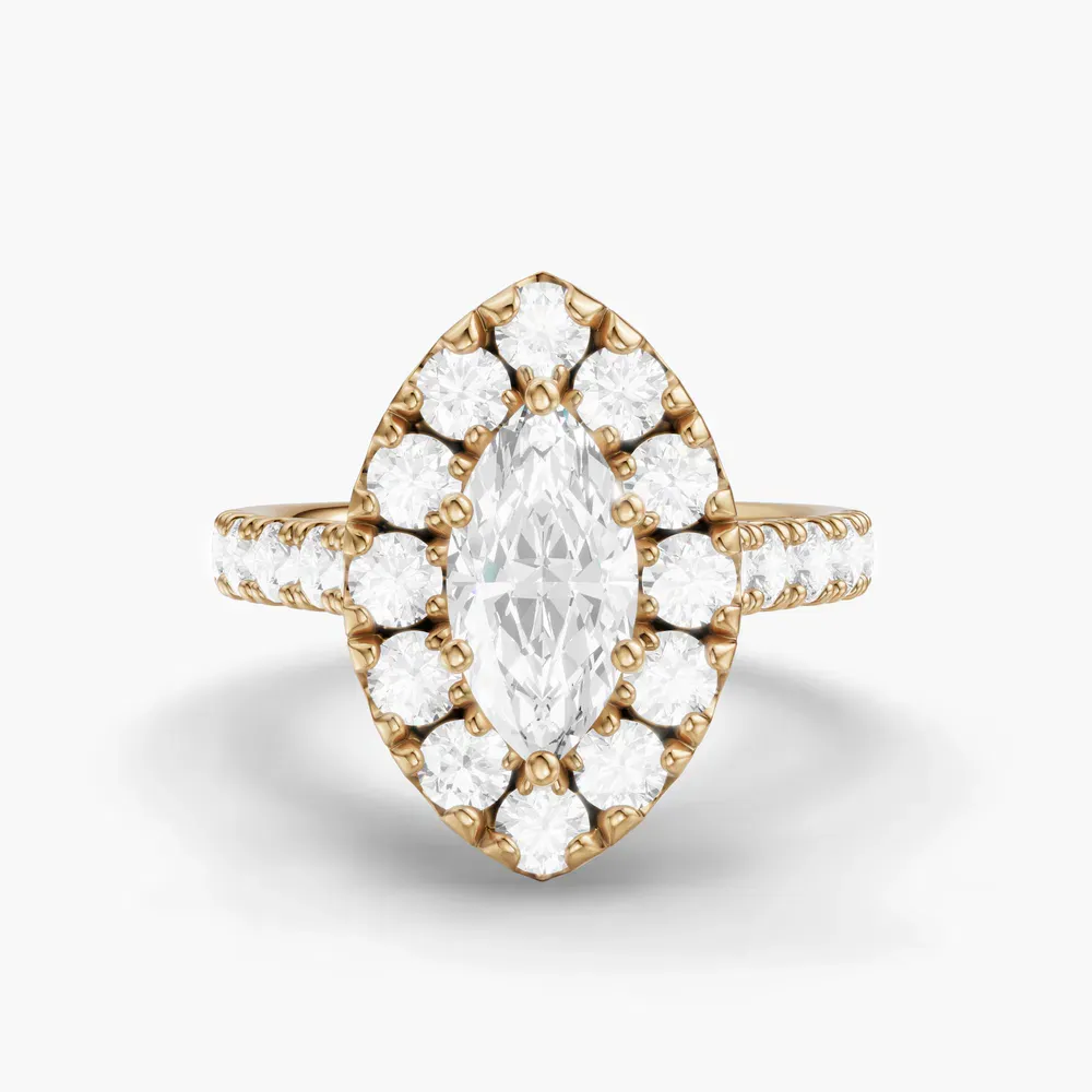 Certified 1 carat Lab Grown Diamond Marquise Cut Halo, Pavé, Cathedral Engagement Ring in 14K Yellow Gold-Astrid