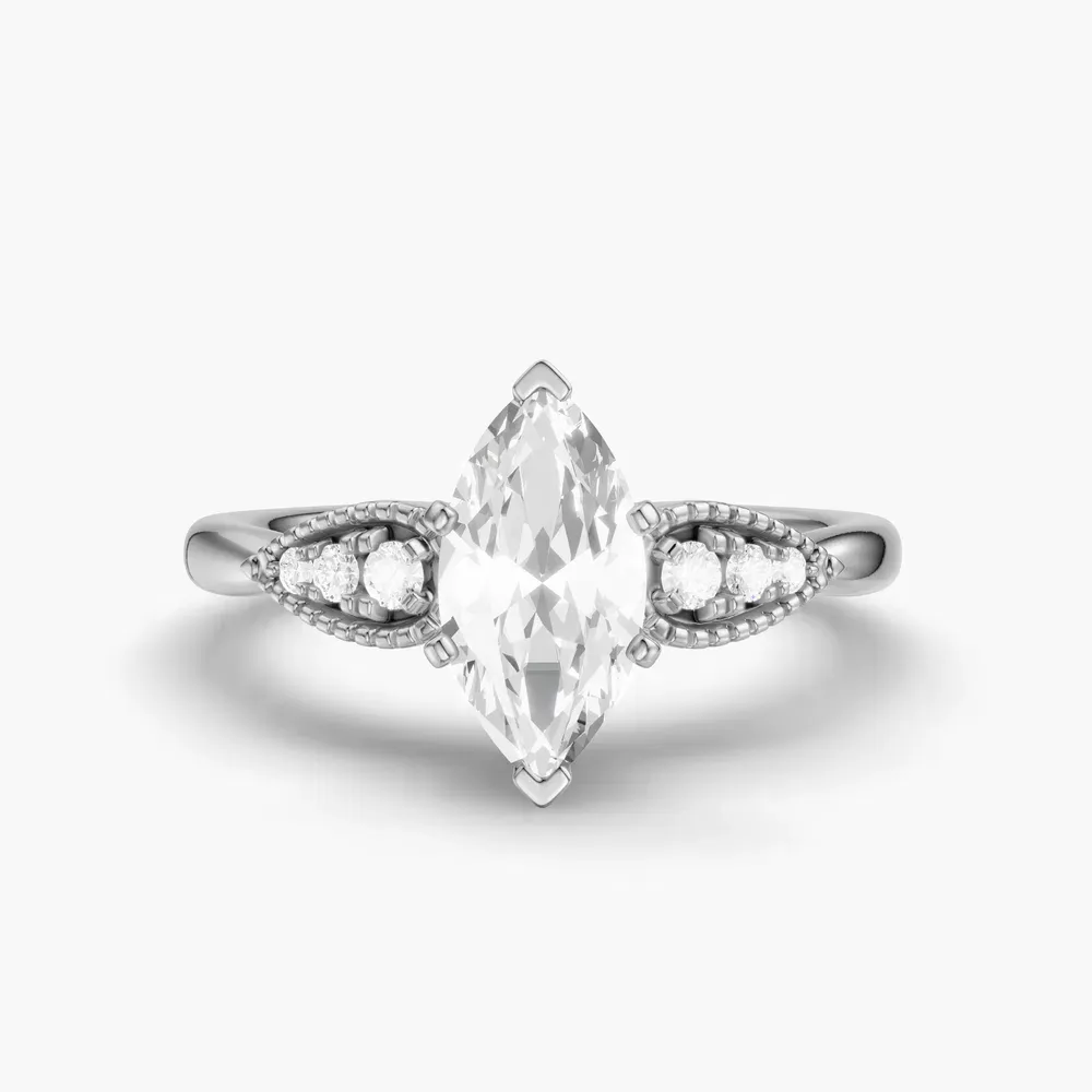 Certified 1 carat Lab Grown Diamond Marquise Cut Milgrain, Vintage, Side Stone Engagement Ring in 14K White Gold-Yerlin
