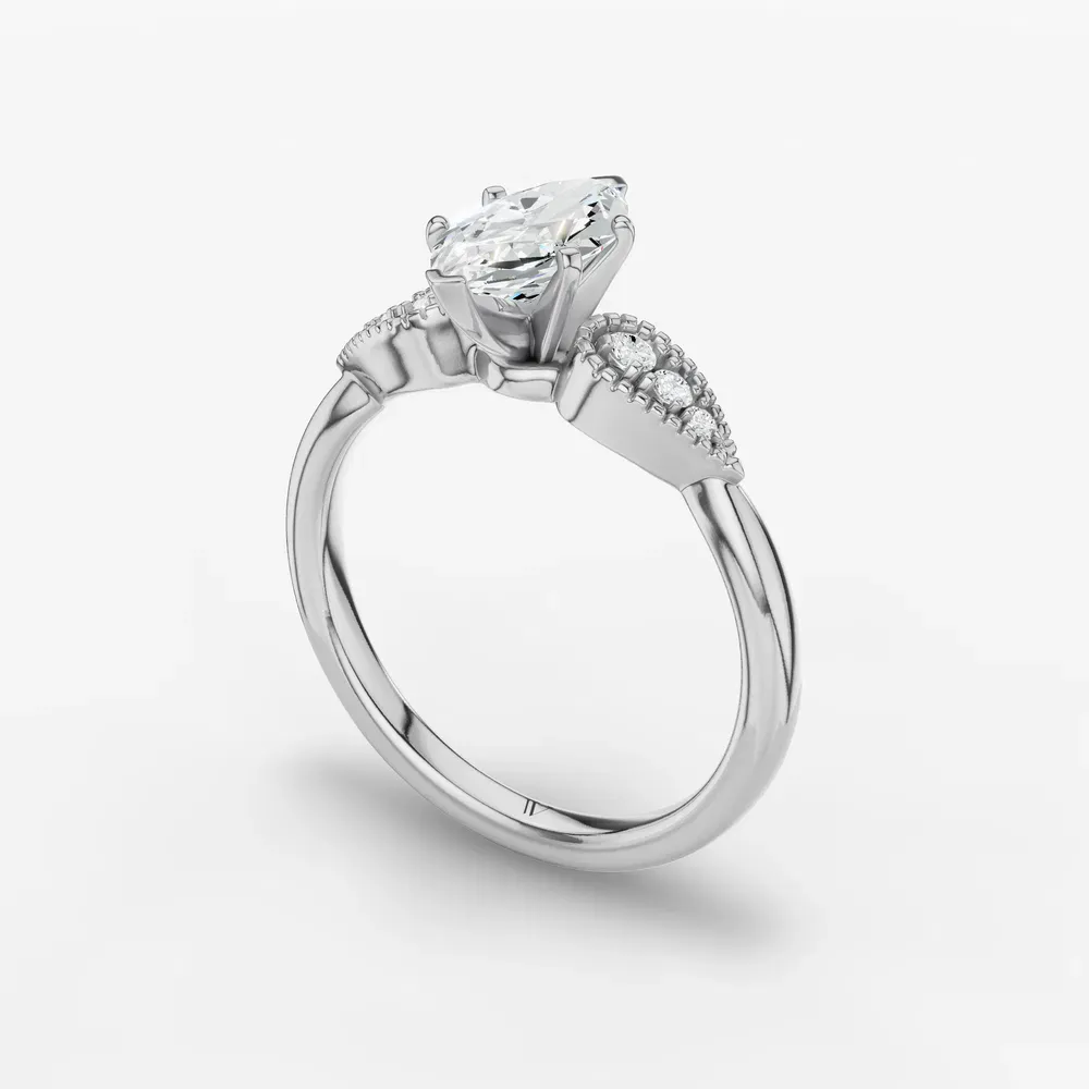 Certified 1 carat Lab Grown Diamond Marquise Cut Milgrain, Vintage, Side Stone Engagement Ring in 14K White Gold-Yerlin