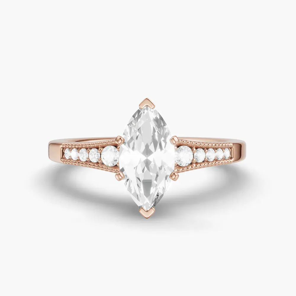 Certified 1 carat Lab Grown Diamond Marquise Cut Milgrain, Pavé, Side Stone Engagement Ring in 14K Rose Gold-Rosca