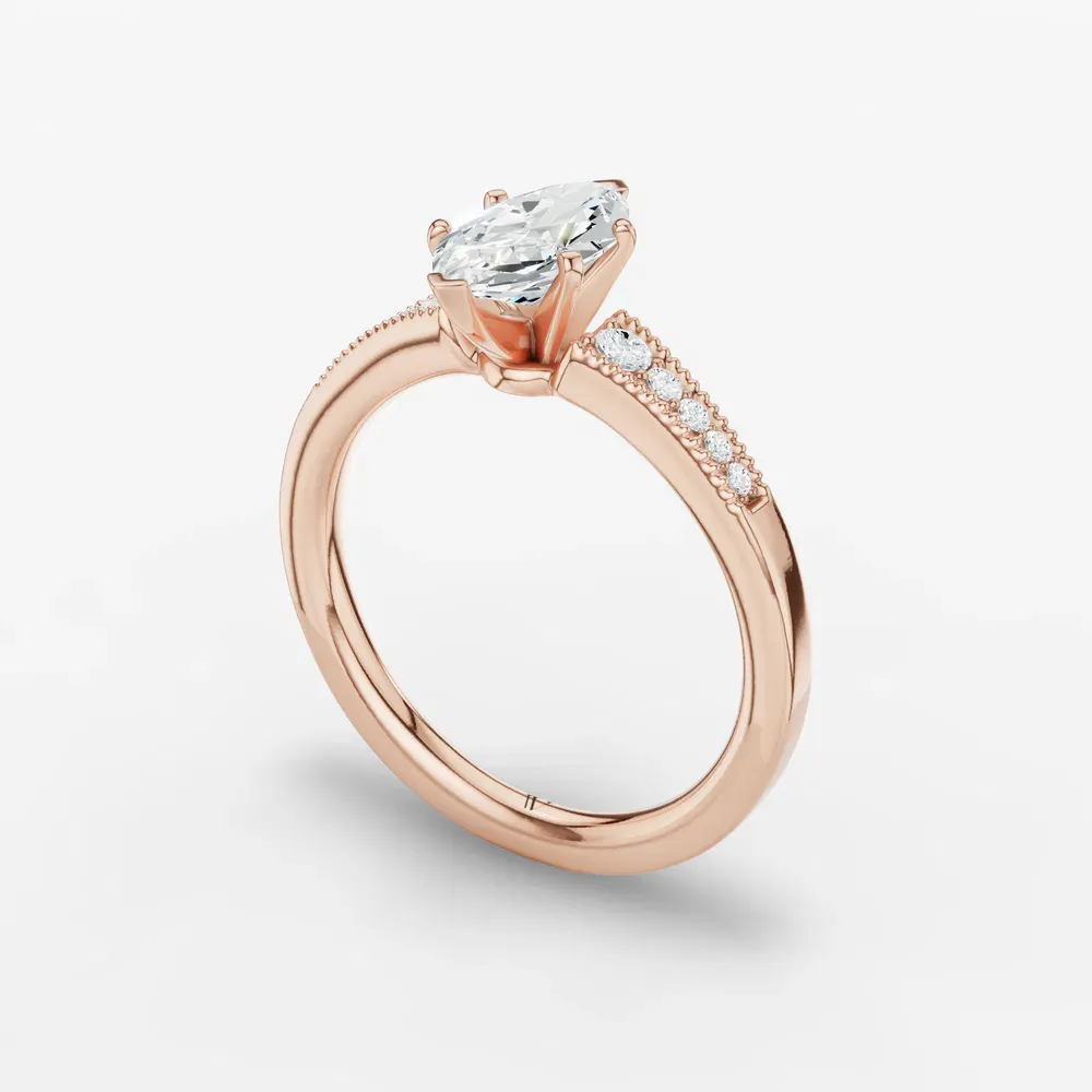 Certified 1 carat Lab Grown Diamond Marquise Cut Milgrain, Pavé, Side Stone Engagement Ring in 14K Rose Gold-Rosca