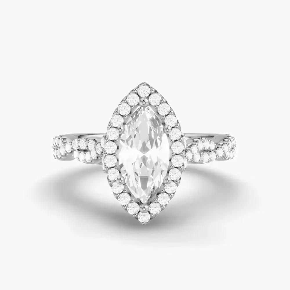 Certified 1 carat Lab Grown Diamond Marquise Cut Halo, Pavé, Twist Engagement Ring in 14K White Gold-Meraki