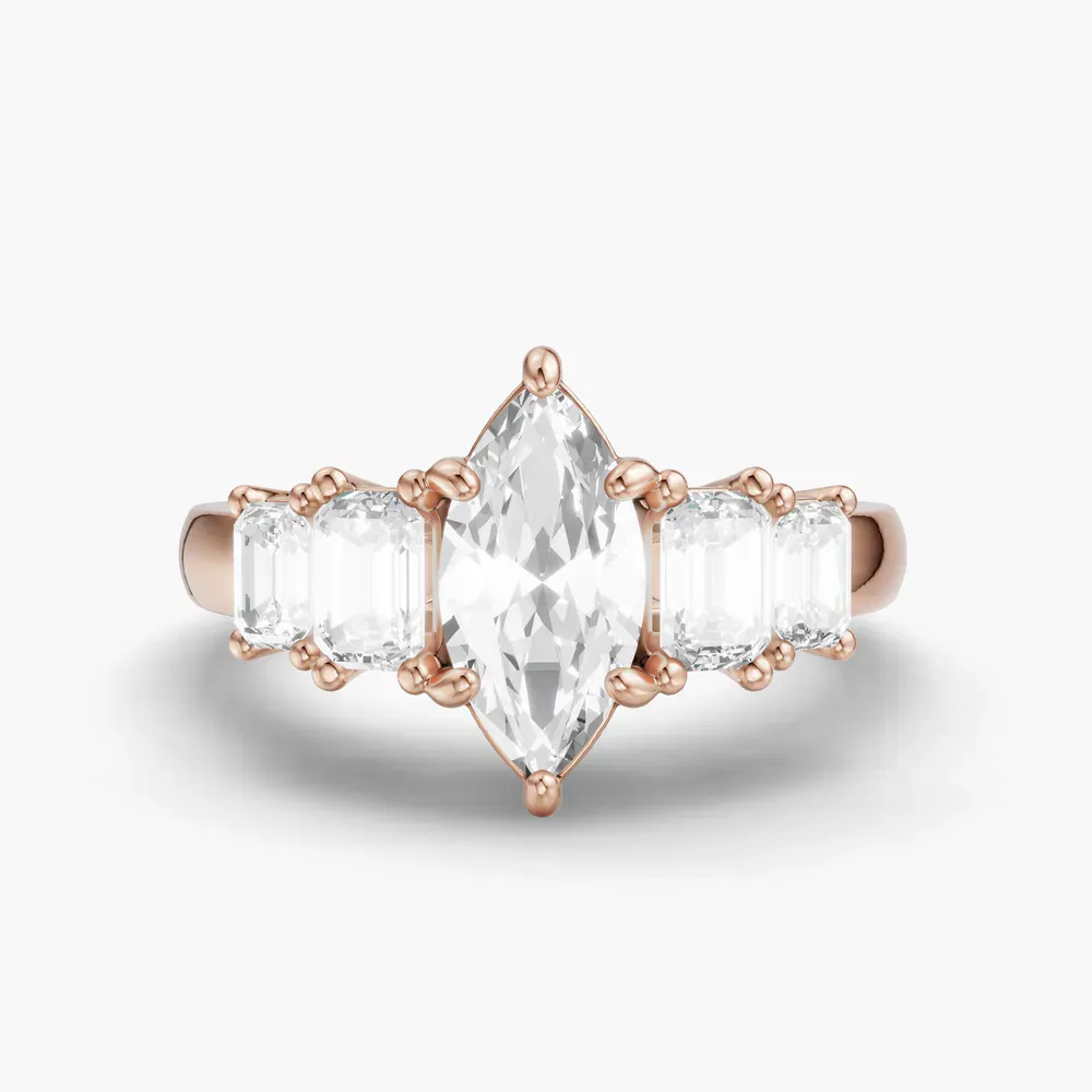 Certified 1 carat Lab Grown Diamond Marquise Cut Five Stone, Side Stone Engagement Ring in 14K Rose Gold-Osvh
