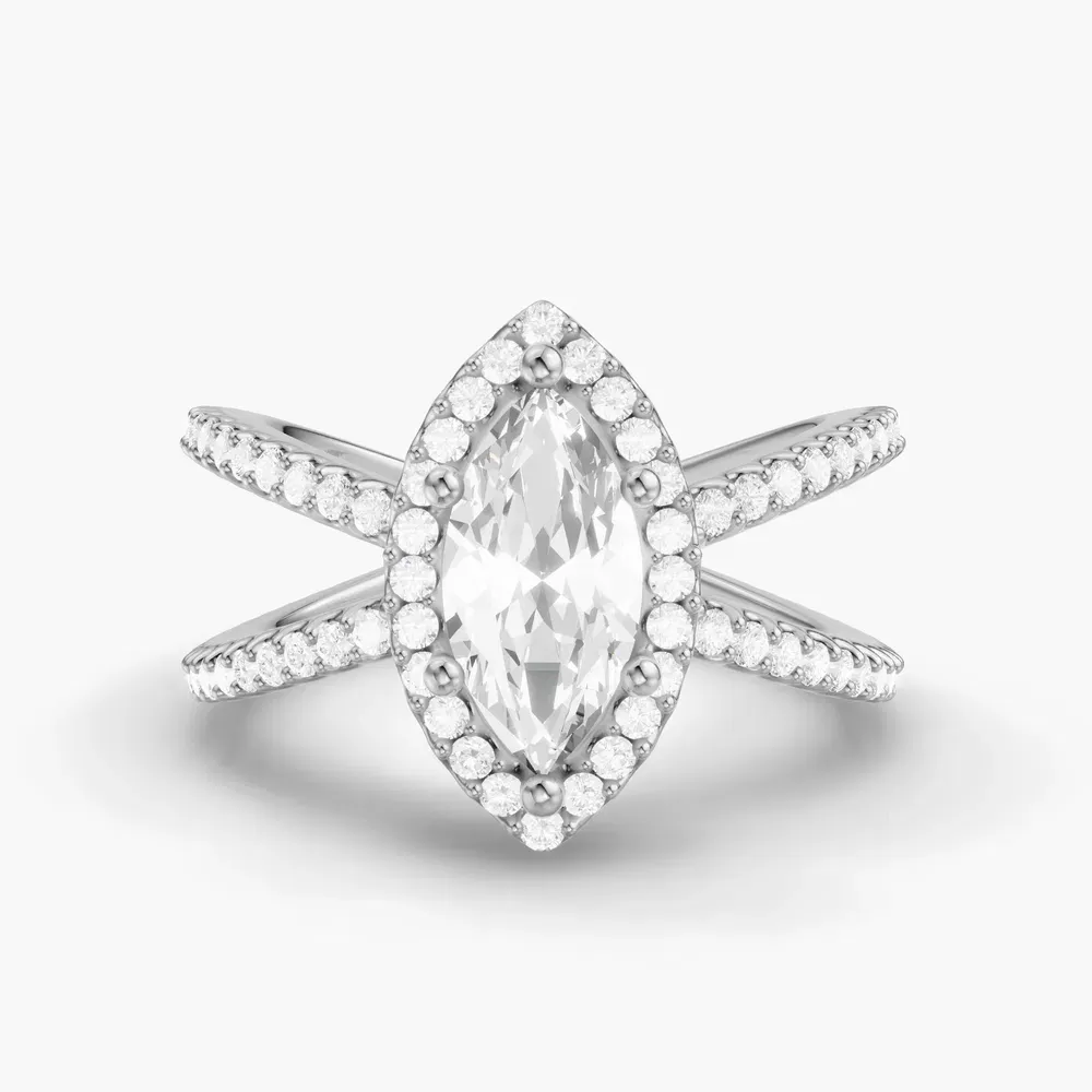 Certified 1 carat Lab Grown Diamond Marquise Cut Pavé, Halo, Split Shank Engagement Ring in 14K White Gold-Xylius