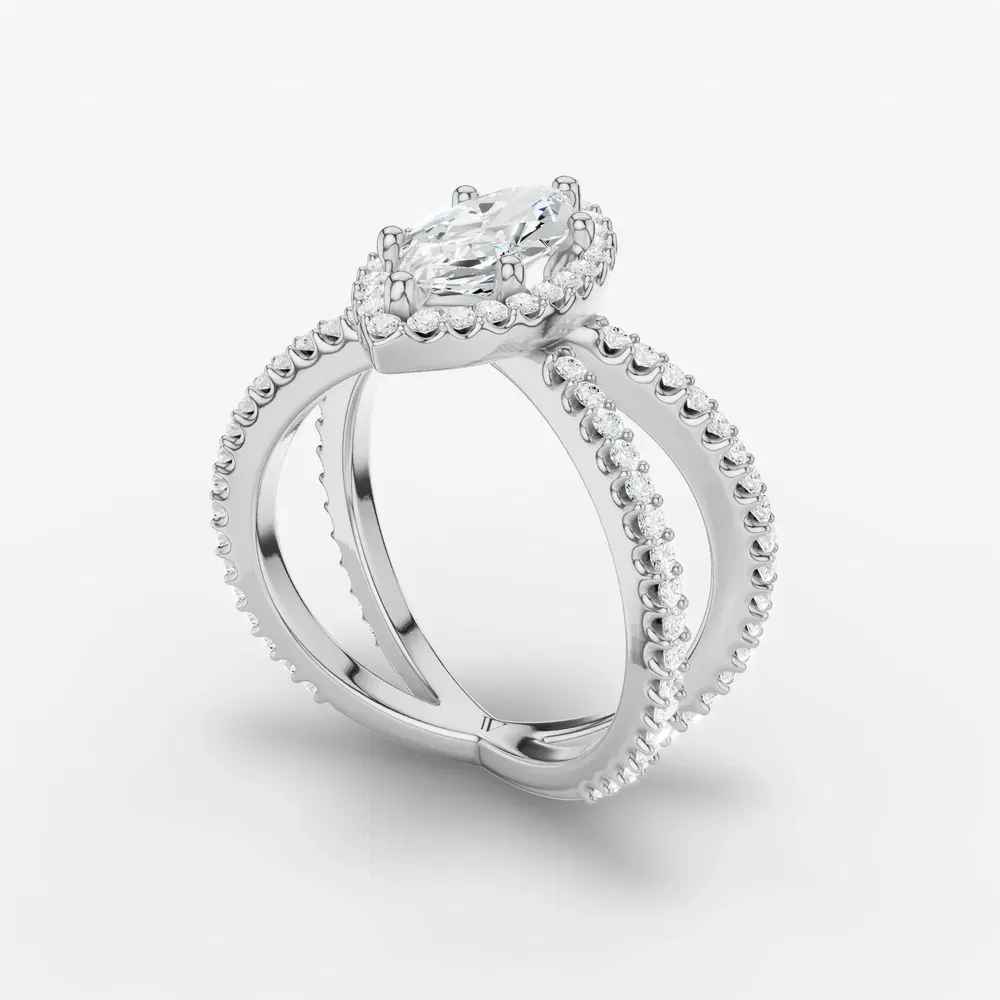 Certified 1 carat Lab Grown Diamond Marquise Cut Pavé, Halo, Split Shank Engagement Ring in 14K White Gold-Xylius