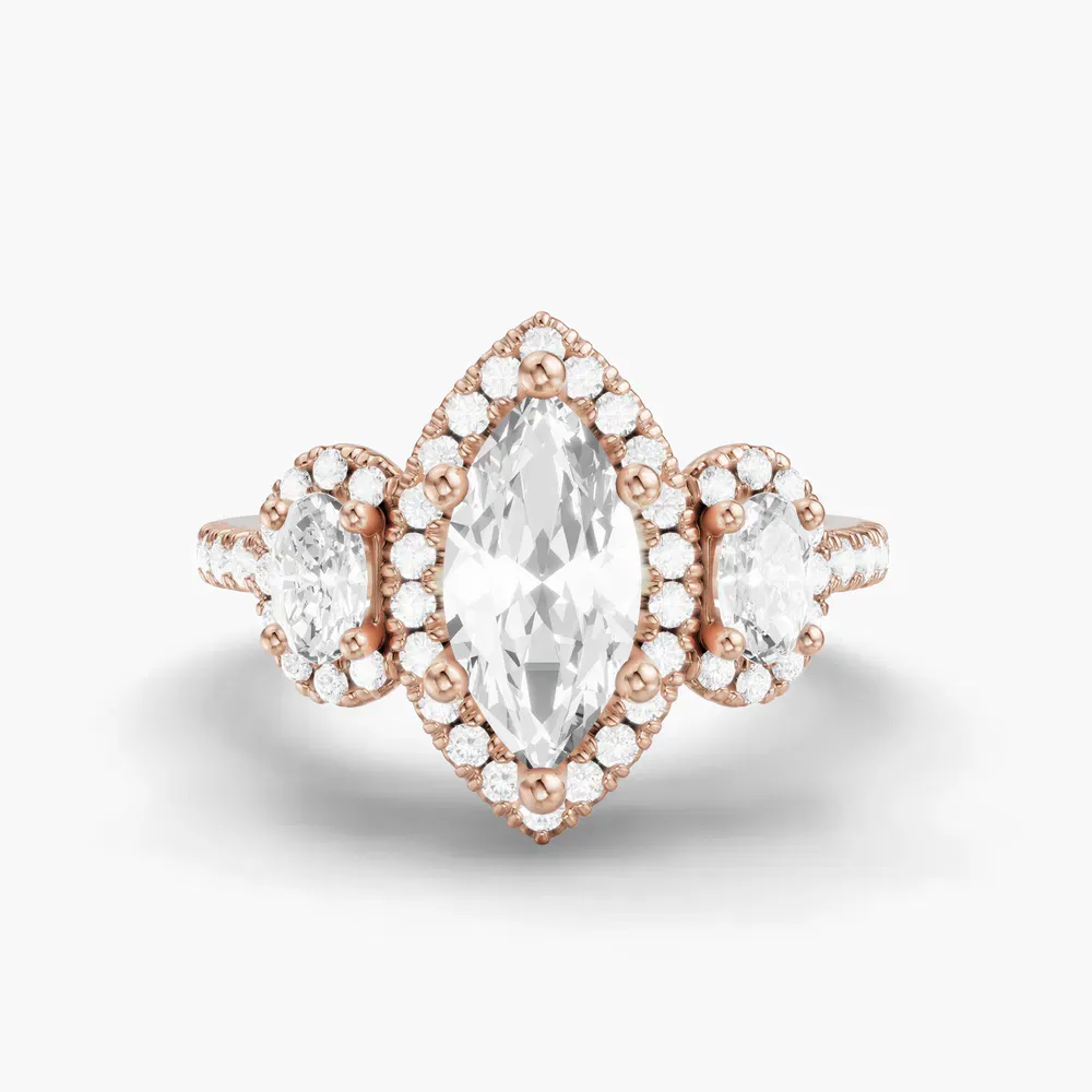 Certified 1 carat Lab Grown Diamond Marquise Cut Pavé, Three Stone, Halo Engagement Ring in 14K Rose Gold-Norell
