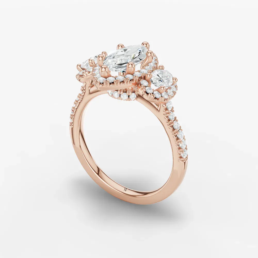Certified 1 carat Lab Grown Diamond Marquise Cut Pavé, Three Stone, Halo Engagement Ring in 14K Rose Gold-Norell